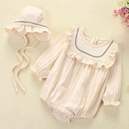 Spring born Baby Girls Long Sleeve Embroider Rompers And Hat Clothes Autumn Toddler Jumpsuits 210429