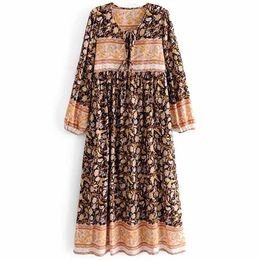 INSPIRED women long sleeve neck tie Ethnic floral beach Bohemian maxi dress Ladies rayon dress spring summer dress 210412