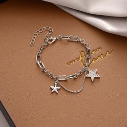 Charm Bracelets 2021 Vintage Korean Style Double Star Glowing Zircon Pendant Bracelet Stitching Metal Chain For Women 90s Jewelry Gifts