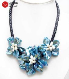 Qingmos 3 Pieces Blue 50-70mm Baroque Shell Flower Pendant Chokers Necklace For Women With Natural Pearl Black 18'' Rope 6334