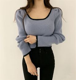 Korean Puff Sleeve Knitted Short Pullover Top Women Square Collar Long Vintage Sexy Sweater Fashion Ladies Elegant Jumper 210518