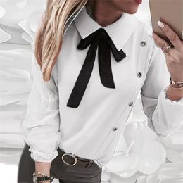 1Blouse Women Vintage White Long Sleeve Shirt for Autumn Casual Tops Button Blouse Fashion Tie Female 210514