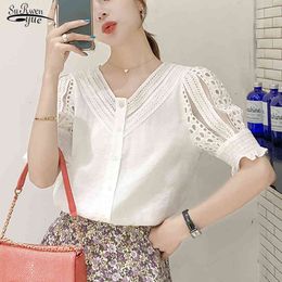 Summer V-neck Hollow Out Chiffon Shirt Women Casual Short Sleeve White Blouse and Tops Clothing Blusas Mujer 9556 210508