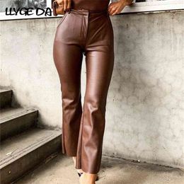 Brown PU Leather Pants For Women High Waist Solid Pocket Women's Autumn Winter Fashion Trousers Female 210925