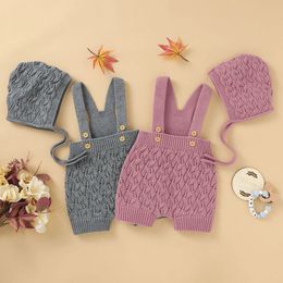 Infant Baby Pure Colour Romper born Boy Girl Clothes Rompers + Hat Autumn Boys Girls Knitted Suspender Trousers 210429