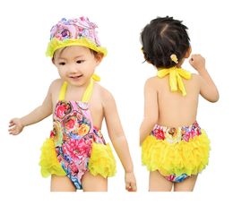 Baby Girl One Piece Swimsuit Vivid Flowered Designer Suspender Beachwear 1-4T Kids Bathing Suit With Cute Swimming Cap