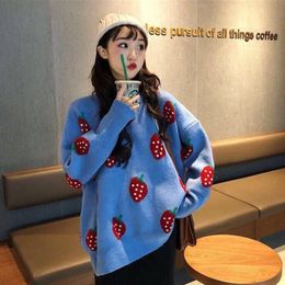 Strawberry Sweater Women Oversize Knitted Tops Pullover Korean Style Loose Print Jumpers Long Sleeve Streetwear Women Sweater 210422