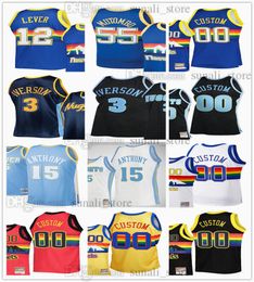 Custom Retro Basketball Allen Iverson 3 Jerseys Dikembe Mutombo 55 Fat Lever 12 Carmelo Anthony 15 Blue White Black Vintage Men