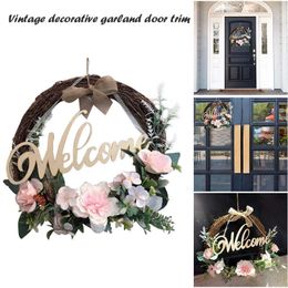 Welcome Sign Wreath Front Door Hanger With Bow Round Outdoor Hanging Decoration For Home Vertical Sign 9.8 Inch Rattan Wedding Y0901