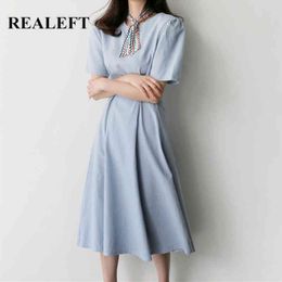 Summer Cotton and Linen Women's Midi Dresses Short Sleeve Lace Up Solid Korean O-Neck Loose A-Line Dress 210428