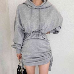 Casual Grey Side Drawstring Hoodie Women's Dress Short Autumn Winter Thick Warm Long Sleeves Bodycon Mini Black Dresses 210415