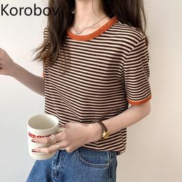 Korobov New Summer Chic Women T Shirts Vintage Striped Hit Colour Patchwork O Neck Short Sleeve T Shirt Harajuku Korean Tee 210430