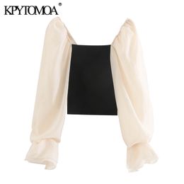 Women Fashion Patchwork Organza Cropped Knitted Blouses See Through Sleeve Stretch Female Shirts Chic Tops 210420