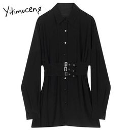 Yitimuceng Sashes Blouse Women Shirts Vintage Loose Solid Black Spring Fashion Turn-down Collar Single Breasted Tops 210601