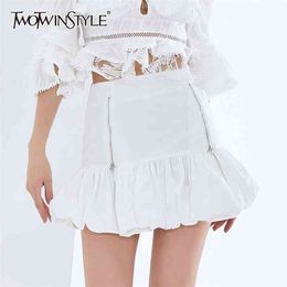 White Mini Bud Skirt For Women High Waist Patchwork Zipper Ruched Slim Skirts Female Fashion Clothing 210521