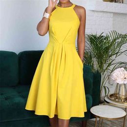 OMSJ Women Elegant Party Sexy Fashion Workwear Dresses Ladies Yellow Halter Sleeveless A Line Ruched Casual OL Office Dress 210517