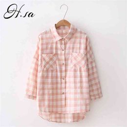 H.SA ropa mujer Women Casual Pink Blouses Long Sleeve Cute Ladies tops and Boho Clothing Summer Plaid Shirts 210417