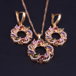 Earrings & Necklace Lucky Round Circle Colorful Top Zircon Gold Color Costume Jewelry Set With Pendant Big Discount