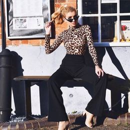 Women Leopard Bodysuit Tops Autumn Turtleneck Long Sleeve Bodycon Skinny Bodysuits Jumpsuits Ladies Sexy Club Wear 210419