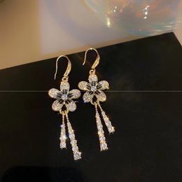 Trend Crystal Flower Earrings Korean Rhinestone Tassel Drop Dangle Earrings Black Daisy Plant Shape Accessories Jewellery Party