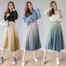 High Waist Pleated Skirt for Women Spring Gradient Colour Midi Female Casual A-line s Gold Velvet Maxi s 210514
