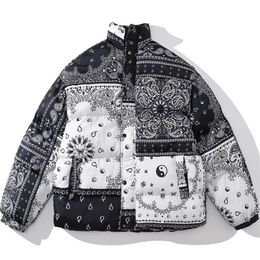 Men Cashew Parka Korean Oversize Stitching Black White Puffer Jacket Fashion Printing Graffiti Coats Hip Hop Loose Streetwear 211206