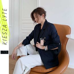 vintage black blazer with gold pin fashion slit sleeve solid casual suit jacket coat autumn women clothing 210608