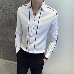 Striped Men Shirt V-neck Casual Slim Fit Long Sleeve Shirts Camisa Masculina Men Streetwear Night Club Social Tops Clothing 210527