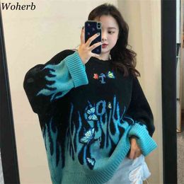 Autumn Winter Harajuku Flame Knit Sweater Butterfly Applique Women Pullover Casual Loose Sweaters Streetwear Jumper 210422