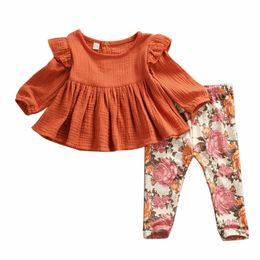 6M-5Y Toddler Baby Kid Girls Flower Clothing Set Autumn Long Sleeve Ruffles Tops + Floral Pants Outfits 210515