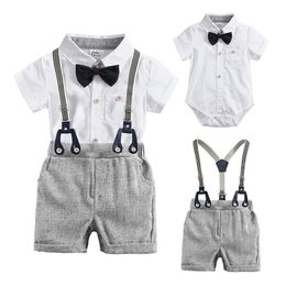 born Baby Boy Summer Formal Clothes Set Bow Wedding Birthday Boys Overall Suit White Romper Shirt Toddler Gentleman Outfit 210521