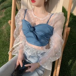 Summer Sweet Sexy Perspective Puff Sleeve Chic Chiffon Shirt And Bow Sling Vest Top Elegant 2 Pcs Women Set 210518