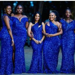Sequins Royal Blue Bridesmaid Dresses 2022 Mermaid Floor Length Satin One Shoulder Custom Made Plus Size Maid Of Honor Gown Country Beach Wedding Party Wear
