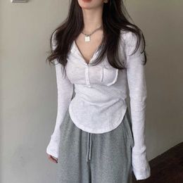 WOMENGAGA Sexy Knitted T Shirt Women's Summer Tops Thin Sunscreen V-neck Short Tight White Long Sleeve Top Tshirt N8DA 210603