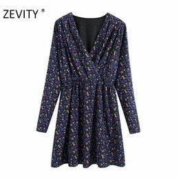 ZEVITY women fashion pleat v neck floral print casual slim mini dress chic ladies zipper long sleeve vestido dresses DS4445 210603