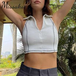 Missakso Chic Zipper Polo Crop Top Holiday Party Y2K Summer Casual Women Black White Sexy Skinny Basic Sleeveless T Shirts 210625