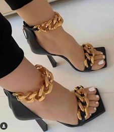 Black Square Toe Sandals Women Unique Thin High Heels Back Zip Open Toes Metal Chains Decor Runway