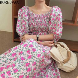 Korejpaa Women Dress Summer Korea Chic Romantic Retro Floral Square Collar Ruffle Bubble Sleeve Big Swing Long Belt Vestido 210526