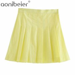 Yellow Summer Pleated Skirt Fashion Side Zipper High Waist A-Line Women Casual Mini Thin Style Female Jupe 210604