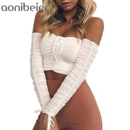 Sexy Off Shoulder Women T-Shirt Spring Autumn Fashion Long Sleeve Bow Detail Ruched Tops Slash Neck Slim Fit Crop 210604