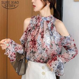 Fashion Autumn Floral Shoulder-exposed Chiffon Shirt Long Butterfly Sleeve Temperament Women Tops casual print blouse 5791 50 210527