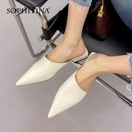 SOPHITINA Mules Sandals Woman Solid Genuine Leather Pointed Toe Shallow Slop On Slippers Flat Dress Lady Mature Shoes PO1047 210513