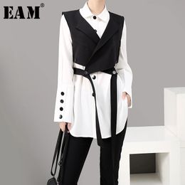 [EAM] Women Two Piece Blouse Strap Black Button New Lapel Long Sleeve Loose Fit Shirt Fashion Tide Spring Autumn 1A182 210410