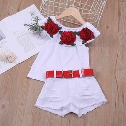 Girls Clothes Set Summer Sleeveless Children's One-neck Rose Flower Top + Ripped Shorts Baby Girl White Suit 210515