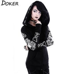 5XL Gothic Punk Print Hoodies Sweatshirt Long Sleeve Black Jacket Zipper Coat Autumn Winter Female Casual Hooded Tops 210809
