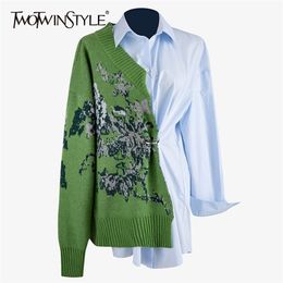 Casual Patchwork Knitted Shirt For Women Lapel Long Sleeve Korean Blouse Female Fashion Clothing Spring 210524