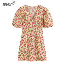 Women Elegant Fashion Floral Print Buttons Mini Dress Vintage Sexy V Neck Puff Sleeves Dresses Casual Female Chic Vestidos 210520