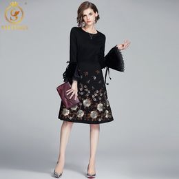 Black Spring Floral Embroidered Sexy Vintage Elegant Party Dresses Flare Sleeve O-Neck Vestidos 210520