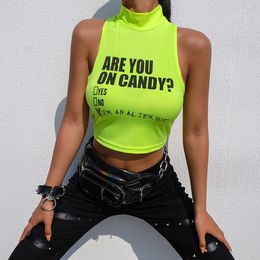 Women Fluorescent Green Tank Fashion Sexy Letter Print Short Crop Top Turtleneck Sports StraplPersonality Casual Camis #T5P X0507