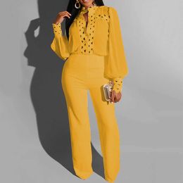 Two Piece Sets Fall Autumn Office Ladies Sheer Long Sleeve Shirt Top And Pants Elegant White Yellow 2 Pc Matching Outfits Women Y0625